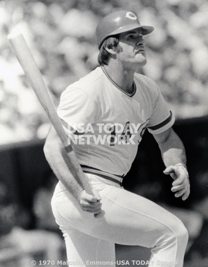 Pete Rose, Cincinnati Reds outfielder, in posed batting action